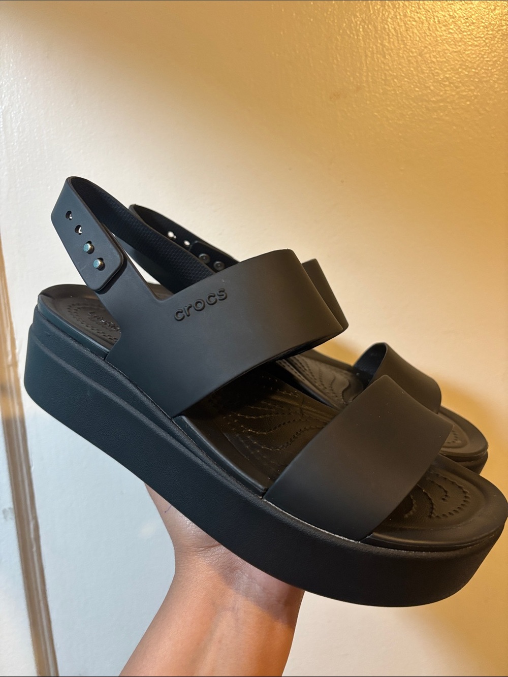 CROCS Women's Black Platform Double-Strap Sandals